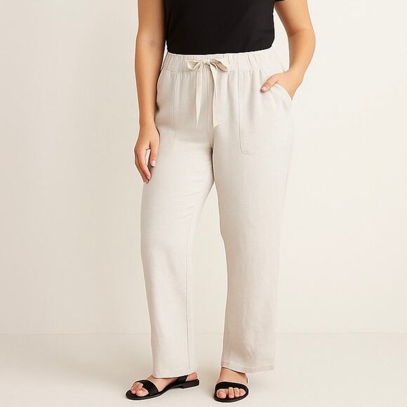 Caslon Size L Women's Drawstring Wide Leg Linen Blend Pants Flax Summer Comfort - Picture 1 of 7